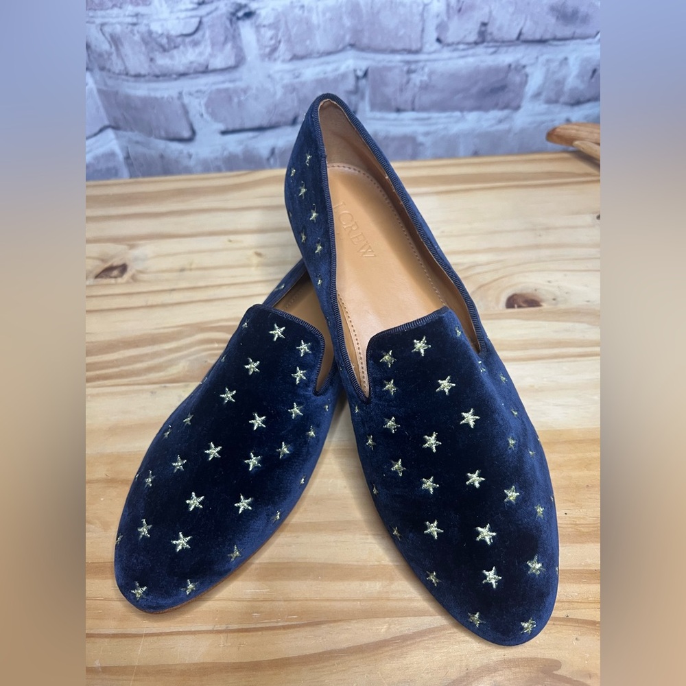J. Crew Navy Velvet Star-Embroidered Loafers